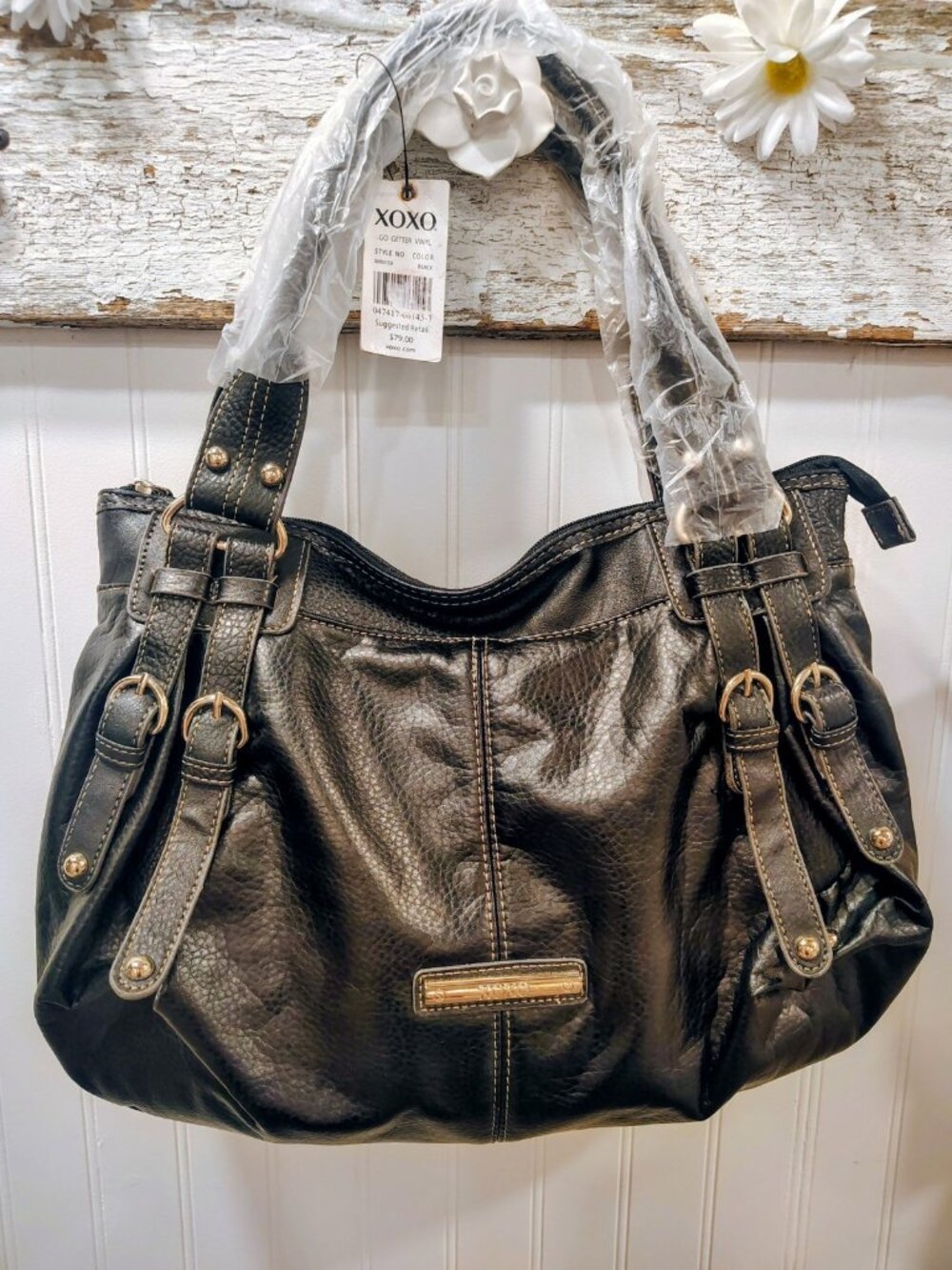 XOXO Black Faux Leather Hobo Shoulder Bag, Buckles, NWT $79